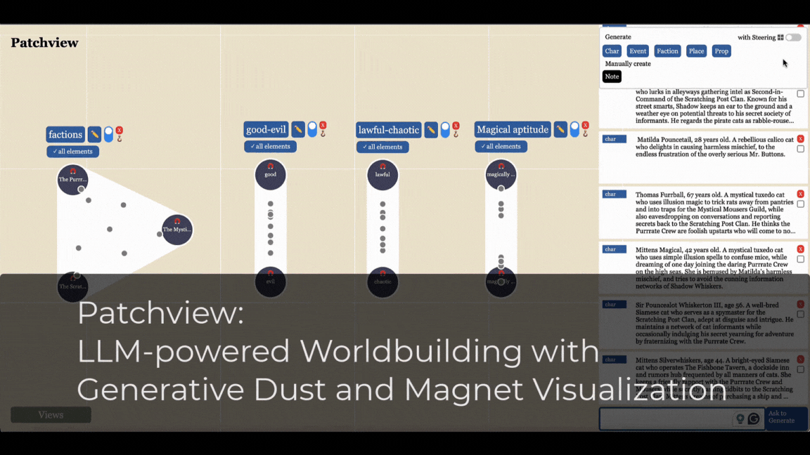 Patchview: LLM-Powered Worldbuilding with Generative Dust and Magnet Visualization